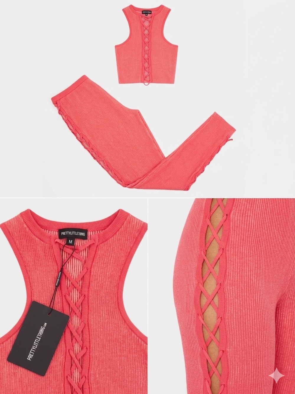 PrettyLittleThing Coral Lace-Up Ribbed Crop Top & Leggings Set